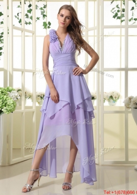 Pretty Empire V Neck Prom Dresses with High Low in Lavender