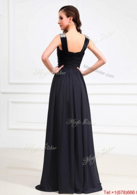 Simple Brush Train V Neck Beaded Prom Dresses in Black