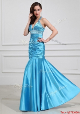 Sweet Mermaid Halter Top Prom Dresses with Beading in Baby Blue