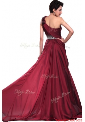 Wine Red Long Prom Dress with Beading and Hand Made Flowers