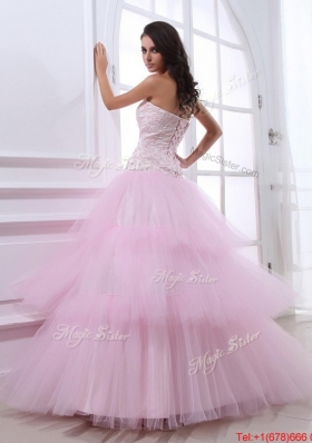 Wonderful Sweetheart Baby Pink Prom Dresses with Sequins and Ruffled Layers