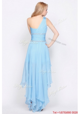 Affordable One Shoulder Beading High Low Prom Dresses in Baby Blue for 2016