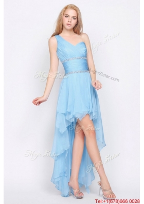 Affordable One Shoulder Beading High Low Prom Dresses in Baby Blue for 2016