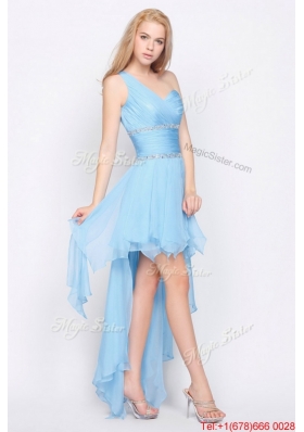 Affordable One Shoulder Beading High Low Prom Dresses in Baby Blue for 2016