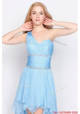 Affordable One Shoulder Beading High Low Prom Dresses in Baby Blue for 2016