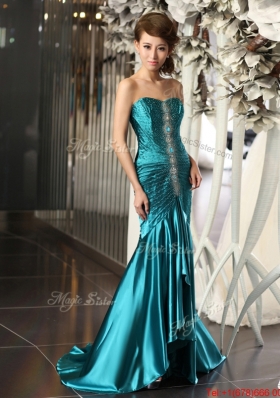 Luxurious Mermaid Brush Train Beaded Prom Dresses in Teal