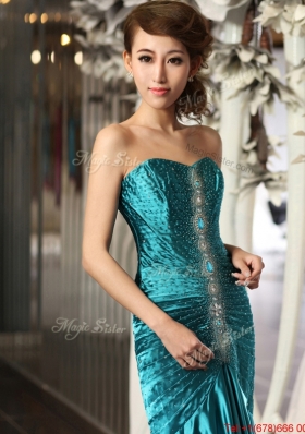 Luxurious Mermaid Brush Train Beaded Prom Dresses in Teal