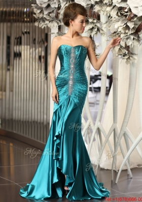 Luxurious Mermaid Brush Train Beaded Prom Dresses in Teal