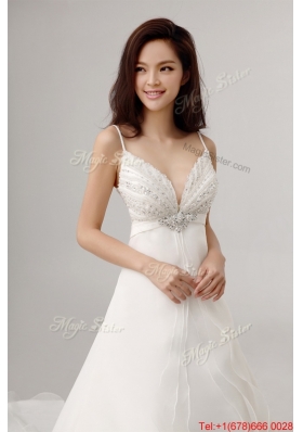 Pretty 2016 Romantic A Line Spaghetti Straps Court Train Wedding Dress with Beading