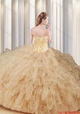 2016 Exquisite Sweetheart Champagne Quinceanera Dresses with Appliques and Ruffles