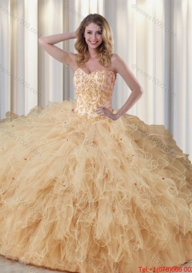 2016 Exquisite Sweetheart Champagne Quinceanera Dresses with Appliques and Ruffles