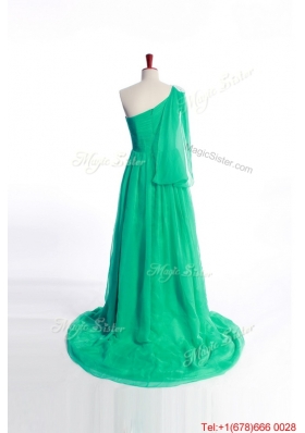 Affordable Appliques Green Long Prom Dress with Sweep Train for 2016