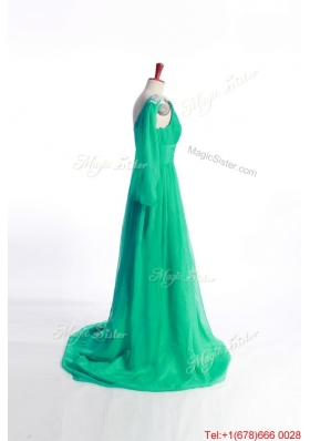 Affordable Appliques Green Long Prom Dress with Sweep Train for 2016