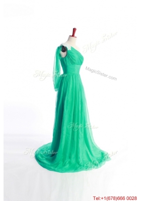 Affordable Appliques Green Long Prom Dress with Sweep Train for 2016