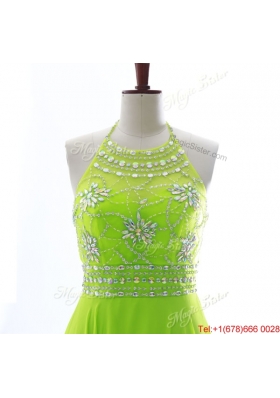 Brand New Halter Top Spring Green Long Prom Dresses with Beading