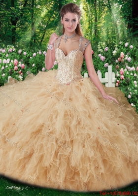 Elegant Straps Beading Sweet 16 Gowns in Champange