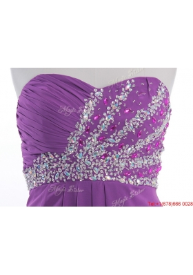 Fashionable Beaded Court Train Prom Dresses in Eggplant Purple