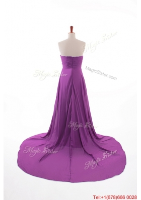 Fashionable Beaded Court Train Prom Dresses in Eggplant Purple