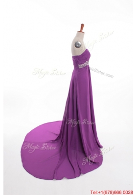 Fashionable Beaded Court Train Prom Dresses in Eggplant Purple