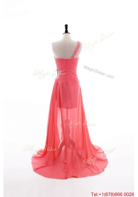 Gorgeous Column One Shoulder Watermelon Prom Dresses with Ruching