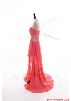 Gorgeous Column One Shoulder Watermelon Prom Dresses with Ruching