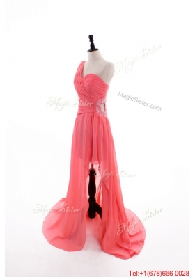 Gorgeous Column One Shoulder Watermelon Prom Dresses with Ruching