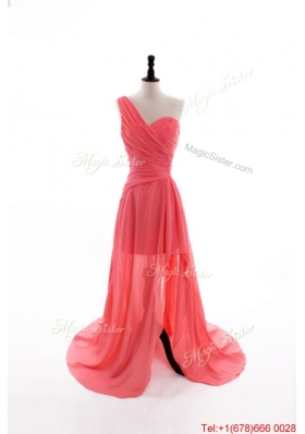 Gorgeous Column One Shoulder Watermelon Prom Dresses with Ruching