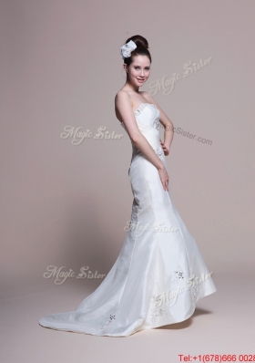 Great Mermaid Strapless Brush Train Romantic Wedding Dresses with Appliques