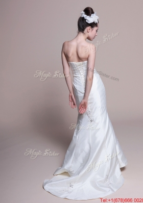 Great Mermaid Strapless Brush Train Romantic Wedding Dresses with Appliques