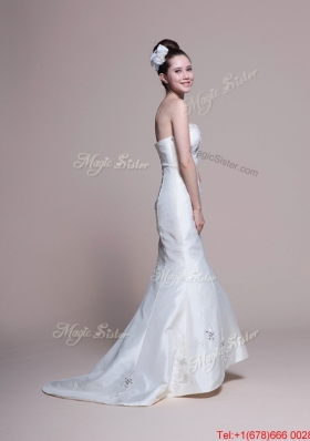 Great Mermaid Strapless Brush Train Romantic Wedding Dresses with Appliques