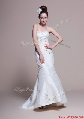 Great Mermaid Strapless Brush Train Romantic Wedding Dresses with Appliques