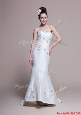 Great Mermaid Strapless Brush Train Romantic Wedding Dresses with Appliques