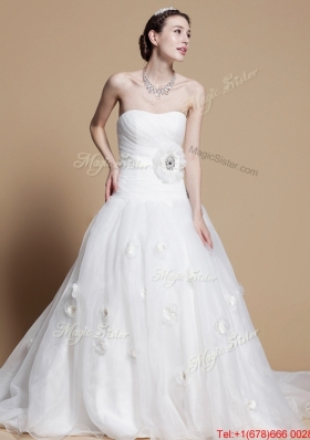 Pretty 2016 Romantic A Line Strapless Wedding Dresses with Hand Made Flowers