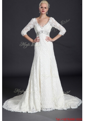 Pretty Beautiful Empire Lace White Long Wedding Dresses with Court Train for 2016