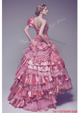 Pretty Beautiful One Shoulder Rose Pink Wedding Dresses with Beading and Ruffles