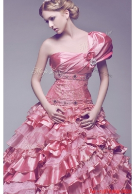Pretty Beautiful One Shoulder Rose Pink Wedding Dresses with Beading and Ruffles