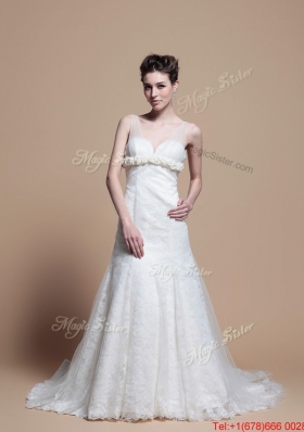 Pretty Custom Made Lace A Line Wedding Dresses with Hand Made Flowers