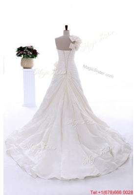 Pretty Exclusive Beading and Hand Made Flowers White Wedding Dresses with Court Train