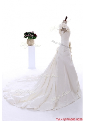 Pretty Exclusive Beading and Hand Made Flowers White Wedding Dresses with Court Train