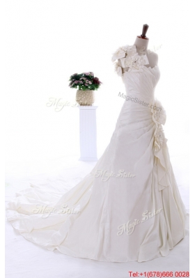 Pretty Exclusive Beading and Hand Made Flowers White Wedding Dresses with Court Train