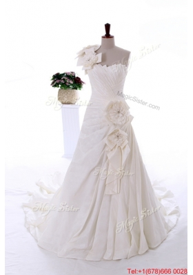 Pretty Exclusive Beading and Hand Made Flowers White Wedding Dresses with Court Train