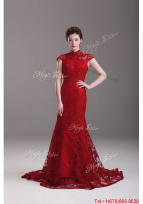 Pretty Exquisite Cap Sleeves Mermaid Wine Red Wedding Dresses with Brush Train