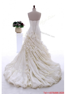 Pretty Exquisite Hand Made Flowers and Ruffles Wedding Dresses with Brush Train