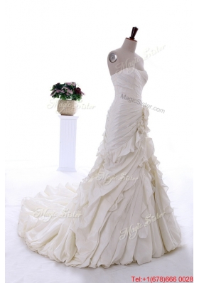 Pretty Exquisite Hand Made Flowers and Ruffles Wedding Dresses with Brush Train