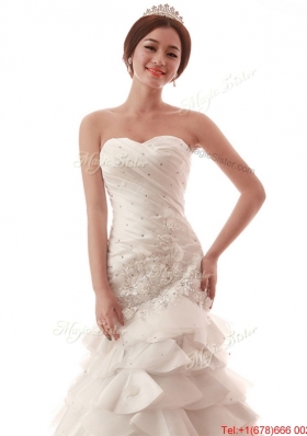 Pretty Gorgeous Beading and Ruffles White Wedding Dress with Brush Train