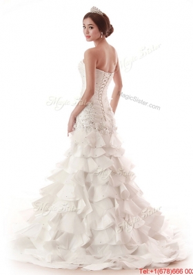 Pretty Gorgeous Beading and Ruffles White Wedding Dress with Brush Train