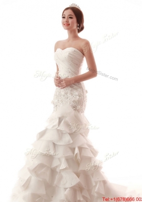 Pretty Gorgeous Beading and Ruffles White Wedding Dress with Brush Train