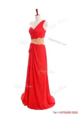 Sexy Appliques and Ruffles One Shoulder Prom Dresses with Sweep Train