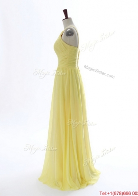 Simple 2016 Scoop Chiffon Yellow Prom Dresses with Sweep Brain