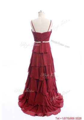 Vintage Brush Train Belt and Ruffled Layers Prom Dresses in Wine Red